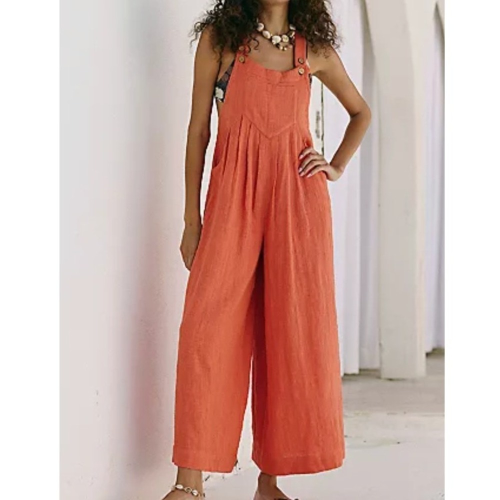 Linen‎ Wide Leg Overalls Jumpsuit Coral Small Boho Hippie Beach Outdoors Earthy